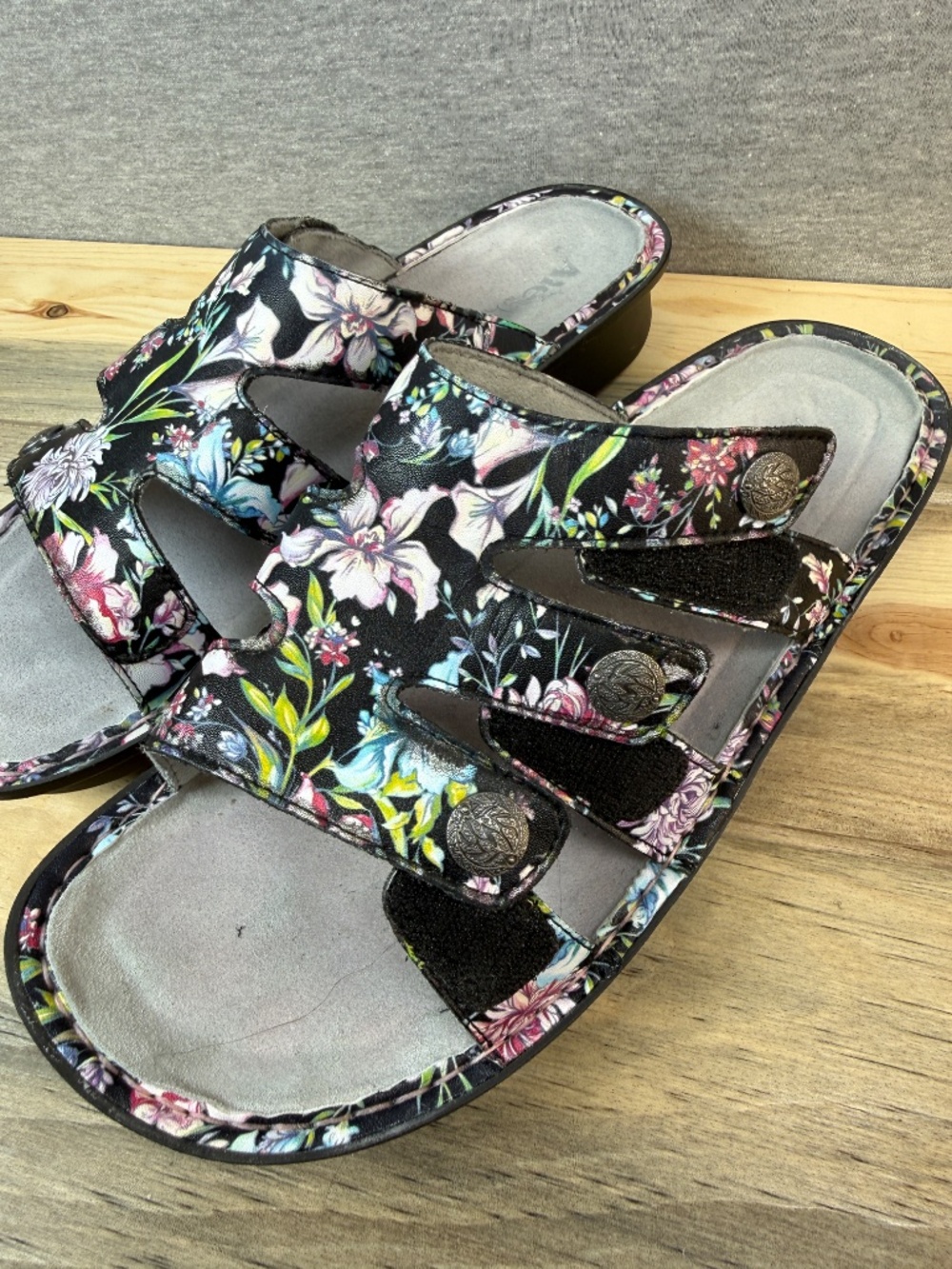 Alegria Leather Floral Sandals Black Butterfly Velcro Closure Size 11 EU 42 - Picture 12 of 16